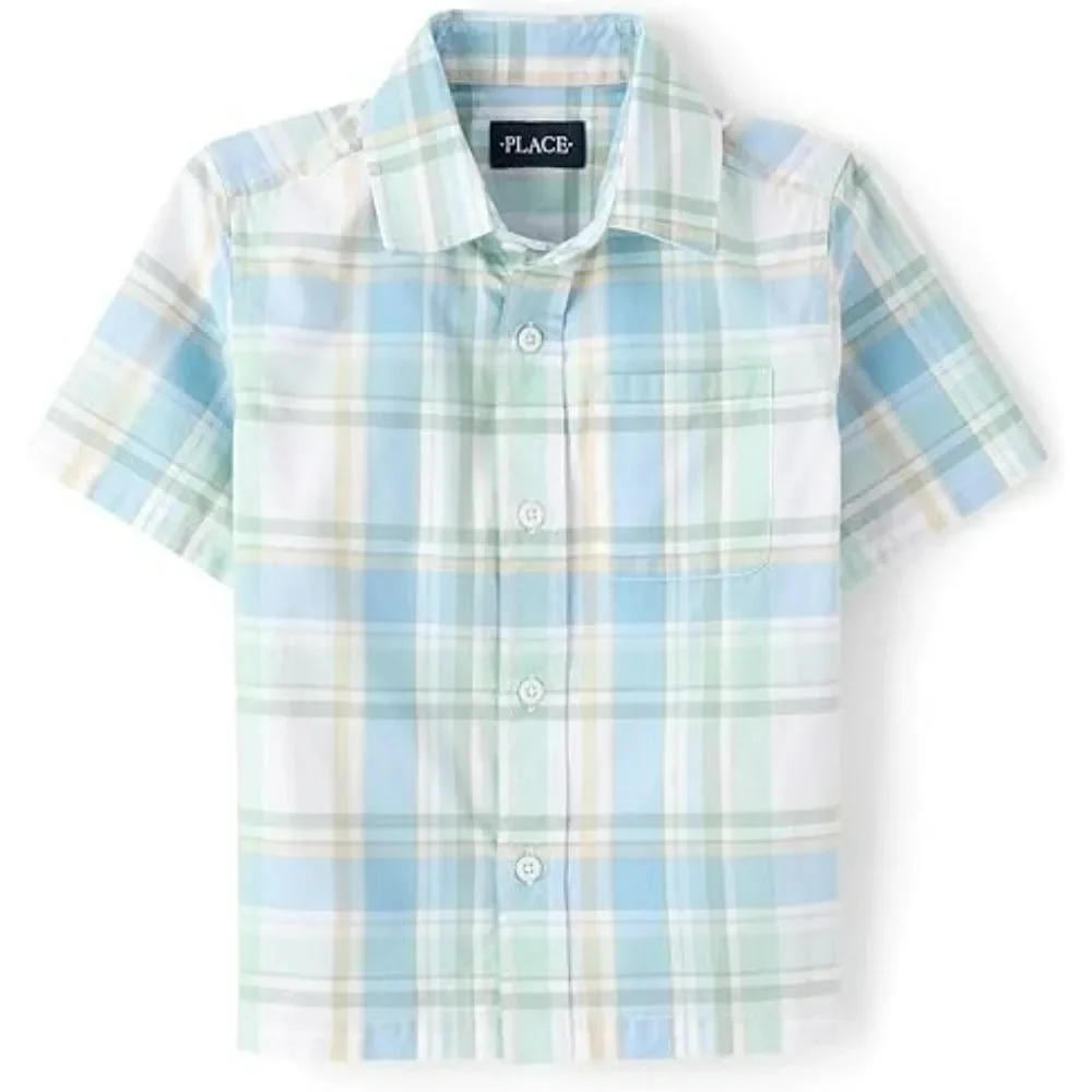 The Children's Place Boys Button Up Shirt MEDIUM 7-8 Short Sleeve Plaid